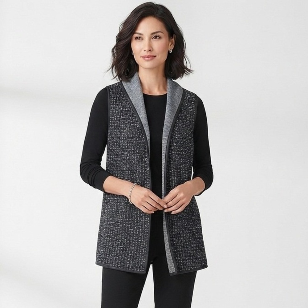 Chicos Black White Textured Knit Open Front Vest Draped Collar Size 3 XL